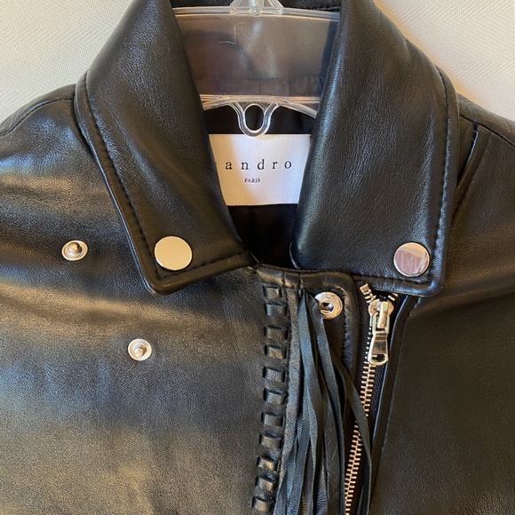 Sandro Black Lamb Leather Fringe Biker Moto jacket - Picture 5 of 10